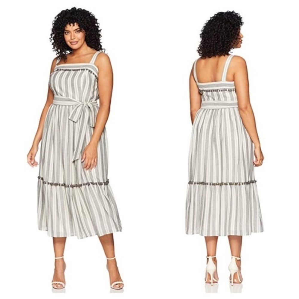 Maggy London Pom Pom Stripe Danni Gray Midi Dress Size 10P Petite